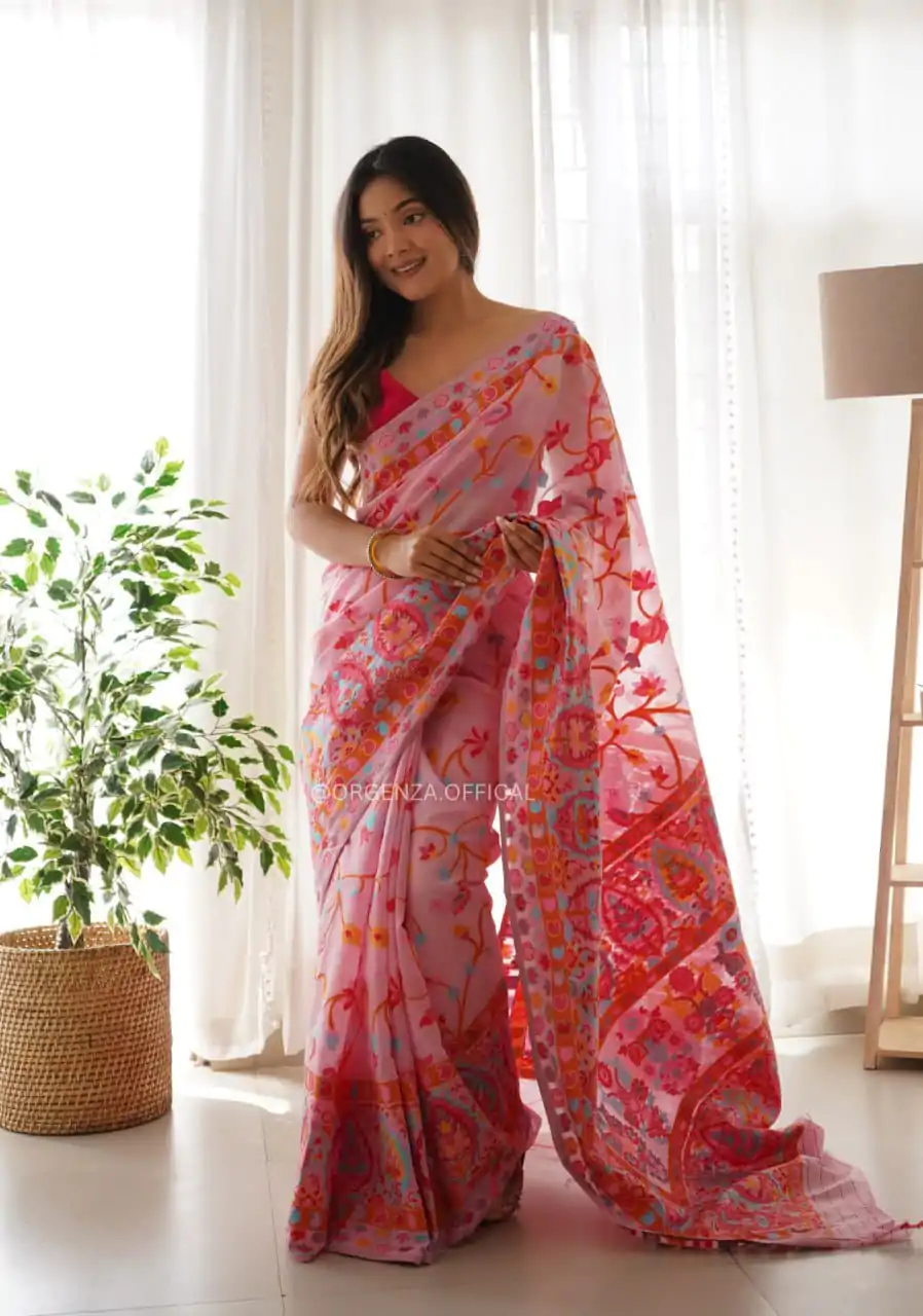 DDF 503 Pink Color Kashmiri Running Thread Zari Work Saree Casual, Party Wear, Events, Festivals Etc. Expected Delivery 4-6 Working Days 2099/- | Bollywood Sarees, Creative Sarees, Designer Sarees, Embroidered Sarees, Ethnic Saree, Modern Digital sarees, Party Wear Sarees, Sarees