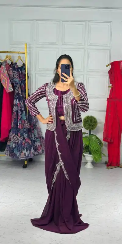 ST 1010 Purple Color Georgette Koti Embroidery Lehenga Saree Casual, Wedding, Party, Festive, Events Etc. Expected Delivery 4-6 Working Days @1099/- | Bollywood Sarees, Creative Sarees, Designer Sarees, Embroidered Sarees, Ethnic Saree, Modern Digital sarees, Party Wear Sarees, Sarees