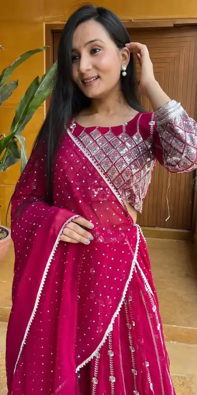 Ram 001 Rani Color Georgette Sequence Thread Work With Zari Lehenga Choli Casual, Wedding, Festive, Events Expected Delivery 4-6 Working Days @2949/- | Bollywood Lehenga, Creative Lehenga, Designer Lehenga, Embroidered Lehenga, Lehenga, Party Wear Lehenga