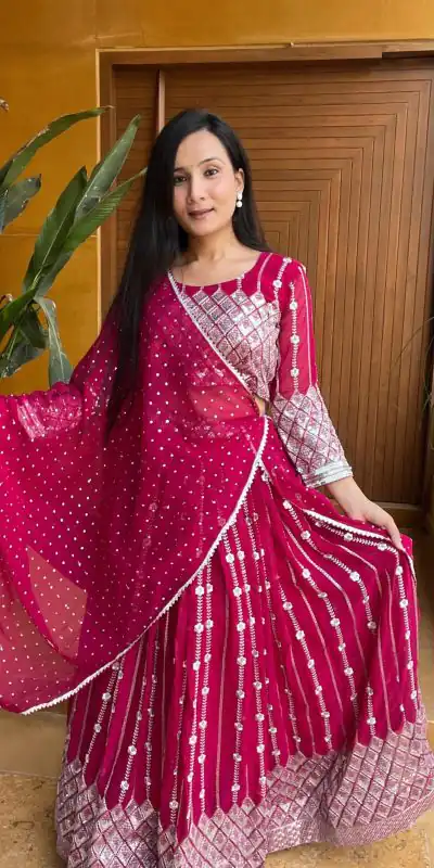 Ram 001 Rani Color Georgette Sequence Thread Work With Zari Lehenga Choli Casual, Wedding, Festive, Events Expected Delivery 4-6 Working Days @2949/- | Bollywood Lehenga, Creative Lehenga, Designer Lehenga, Embroidered Lehenga, Lehenga, Party Wear Lehenga