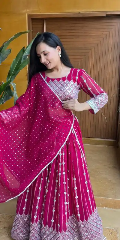 Ram 001 Rani Color Georgette Sequence Thread Work With Zari Lehenga Choli Casual, Wedding, Festive, Events Expected Delivery 4-6 Working Days @2949/- | Bollywood Lehenga, Creative Lehenga, Designer Lehenga, Embroidered Lehenga, Lehenga, Party Wear Lehenga