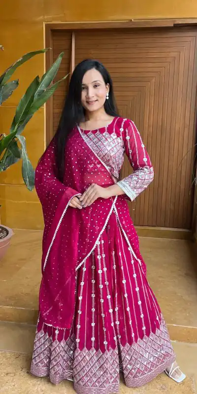 Ram 001 Rani Color Georgette Sequence Thread Work With Zari Lehenga Choli Casual, Wedding, Festive, Events Expected Delivery 4-6 Working Days @2949/- | Bollywood Lehenga, Creative Lehenga, Designer Lehenga, Embroidered Lehenga, Lehenga, Party Wear Lehenga