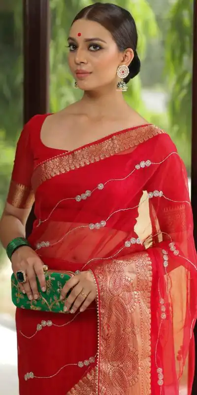 MS Kora Red Color Organza Sequins Lehriya Embroidery Saree Casual, Party Wear, Wedding, Events, Etc. Expected Delivery 4-6 Working Days 1599/- | Bollywood Sarees, Creative Sarees, Designer Sarees, Embroidered Sarees, Ethnic Saree, Modern Digital sarees, Party Wear Sarees, Sarees