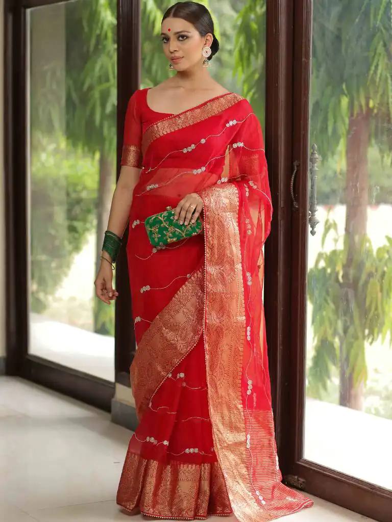 MS Kora Red Color Organza Sequins Lehriya Embroidery Saree Casual, Party Wear, Wedding, Events, Etc. Expected Delivery 4-6 Working Days 1599/- | Bollywood Sarees, Creative Sarees, Designer Sarees, Embroidered Sarees, Ethnic Saree, Modern Digital sarees, Party Wear Sarees, Sarees