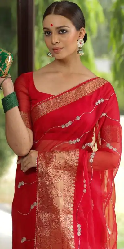 MS Kora Red Color Organza Sequins Lehriya Embroidery Saree Casual, Party Wear, Wedding, Events, Etc. Expected Delivery 4-6 Working Days 1599/- | Bollywood Sarees, Creative Sarees, Designer Sarees, Embroidered Sarees, Ethnic Saree, Modern Digital sarees, Party Wear Sarees, Sarees