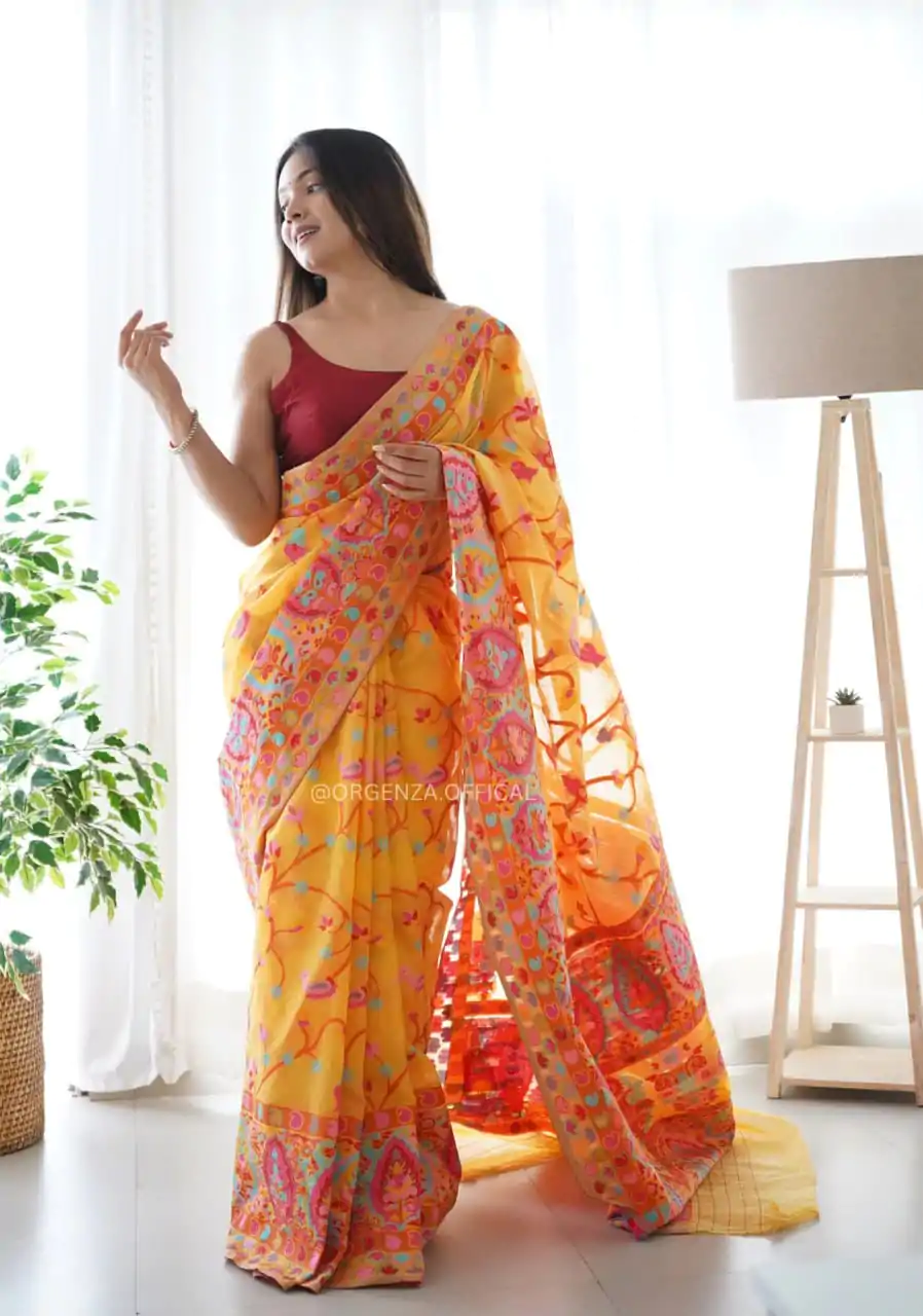 DDF 503 Yellow Color Kashmiri Running Thread Zari Work Saree Casual, Party Wear, Events, Festivals Etc. Expected Delivery 4-6 Working Days 2099/- | Bollywood Sarees, Creative Sarees, Designer Sarees, Embroidered Sarees, Ethnic Saree, Modern Digital sarees, Party Wear Sarees, Sarees