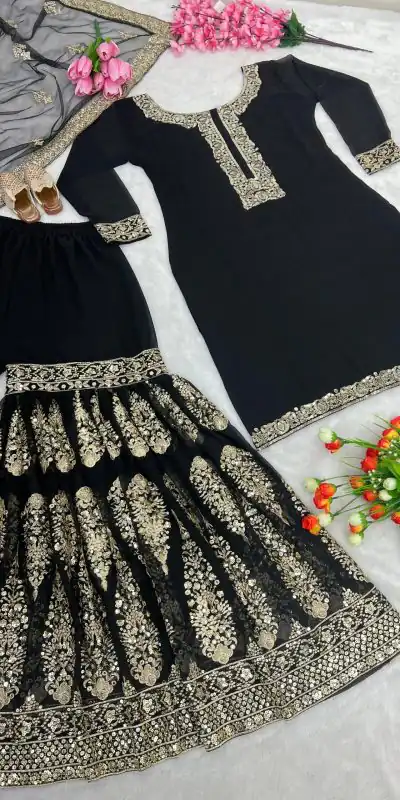 SR 1529 Black Color Heavy Georgette Embroidery Sequence Sharara Suit Wedding, Party, Festive, Events Etc. Expected Delivery 4-6 Working Days @2099/- | Casual Suits, Creative suits, Designer Suits, Palazzo Suits, Party Wear Suits, Salwar suit, Straight Suits