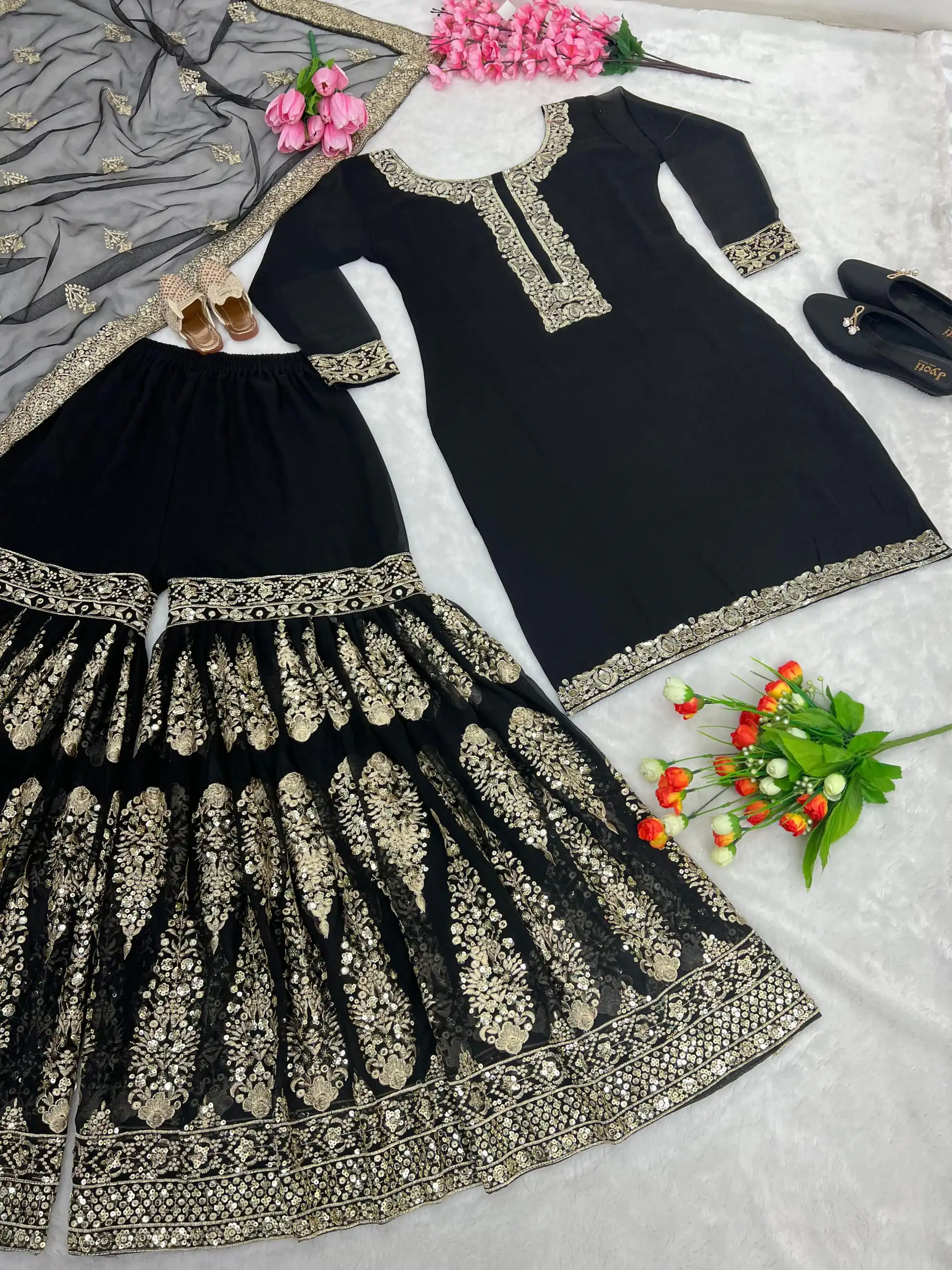 SR 1529 Black Color Heavy Georgette Embroidery Sequence Sharara Suit Wedding, Party, Festive, Events Etc. Expected Delivery 4-6 Working Days @2099/- | Casual Suits, Creative suits, Designer Suits, Palazzo Suits, Party Wear Suits, Salwar suit, Straight Suits