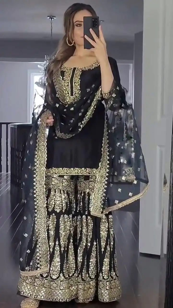 SR 1529 Black Color Heavy Georgette Embroidery Sequence Sharara Suit Wedding, Party, Festive, Events Etc. Expected Delivery 4-6 Working Days @2099/- | Casual Suits, Creative suits, Designer Suits, Palazzo Suits, Party Wear Suits, Salwar suit, Straight Suits