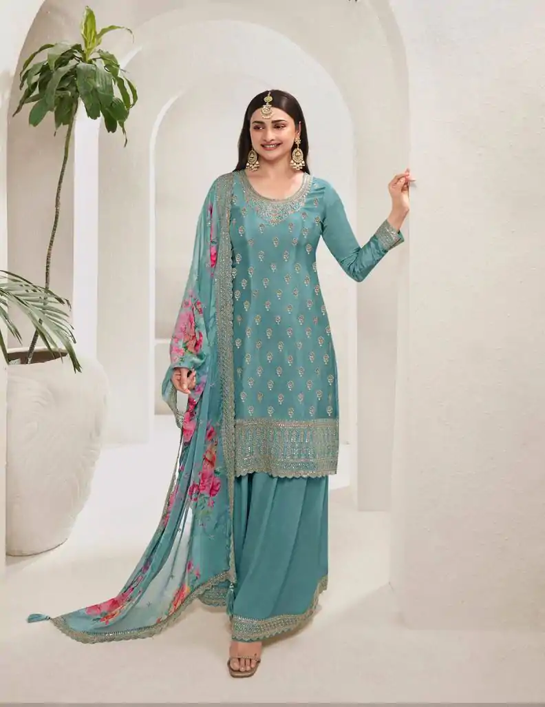 DS 67832 Blue color Viscose Chinon Embroidered Sequence Salwar Suit Casual, Wedding, Party, Festive, Events . Expected Delivery  4-6 Working Days @2849/- | Casual Suits, Creative suits, Designer Suits, Palazzo Suits, Party Wear Suits, Patiala Suits, Salwar suit, Straight Suits