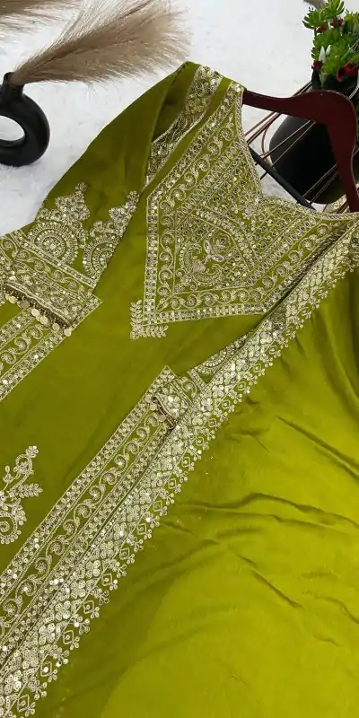 NSR 805 Green Color Pure Chinnon Silk Embroidery Coding Salwar Suit Casual, Party Festive, Events Etc. Expected Delivery 4-6 Working Days @2149/- | Jump Suits, Casual Suits, Creative suits, Designer Suits, Palazzo Suits, Party Wear Suits, Patiala Suits, Salwar suit, Straight Suits