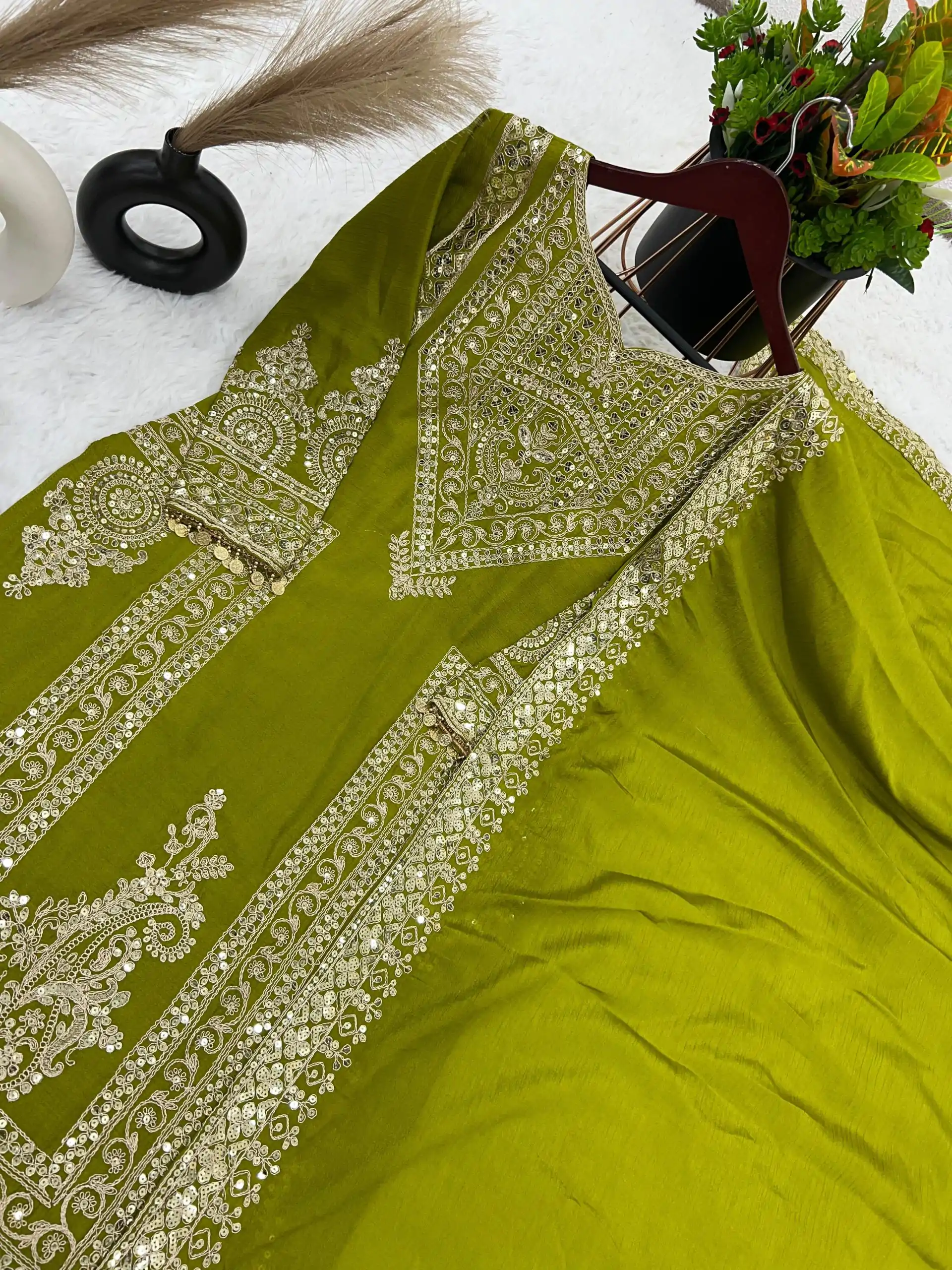 NSR 805 Green Color Pure Chinnon Silk Embroidery Coding Salwar Suit Casual, Party Festive, Events Etc. Expected Delivery 4-6 Working Days @2149/- | Jump Suits, Casual Suits, Creative suits, Designer Suits, Palazzo Suits, Party Wear Suits, Patiala Suits, Salwar suit, Straight Suits