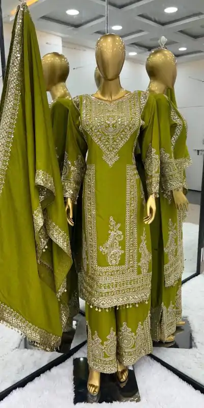 NSR 805 Green Color Pure Chinnon Silk Embroidery Coding Salwar Suit Casual, Party Festive, Events Etc. Expected Delivery 4-6 Working Days @2149/- | Jump Suits, Casual Suits, Creative suits, Designer Suits, Palazzo Suits, Party Wear Suits, Patiala Suits, Salwar suit, Straight Suits