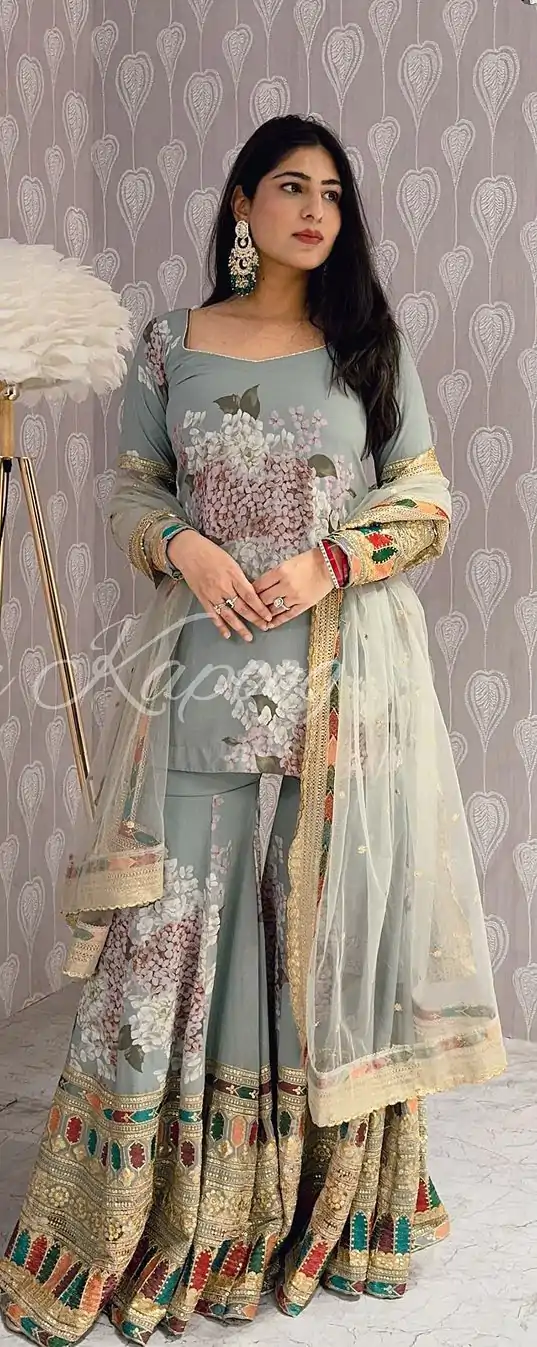 SR 1618 Grey Color Heavy Chinnon Silk Embroidery Work Sharara Suit Wedding, Party, Festive, Events Etc. Expected Delivery 4-6 Working Days @2149 | Casual Suits, Creative suits, Designer Suits, Palazzo Suits, Party Wear Suits, Salwar suit, Straight Suits