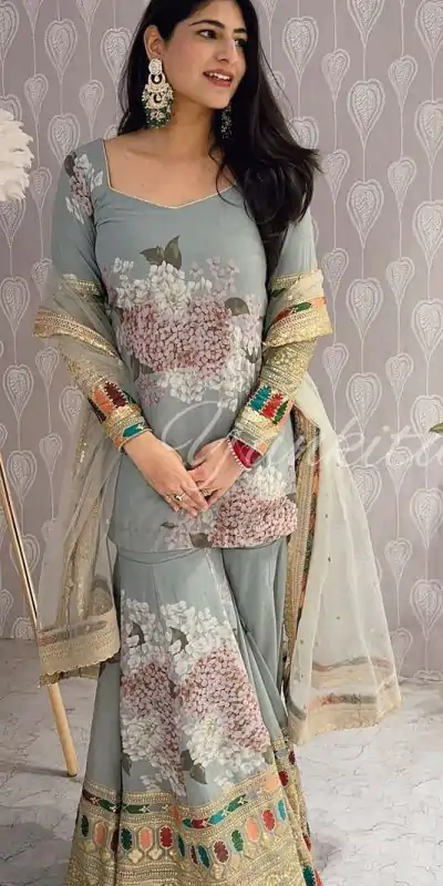 SR 1618 Grey Color Heavy Chinnon Silk Embroidery Work Sharara Suit Wedding, Party, Festive, Events Etc. Expected Delivery 4-6 Working Days @2149 | Casual Suits, Creative suits, Designer Suits, Palazzo Suits, Party Wear Suits, Salwar suit, Straight Suits