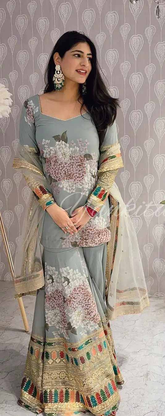SR 1618 Grey Color Heavy Chinnon Silk Embroidery Work Sharara Suit Wedding, Party, Festive, Events Etc. Expected Delivery 4-6 Working Days @2149 | Casual Suits, Creative suits, Designer Suits, Palazzo Suits, Party Wear Suits, Salwar suit, Straight Suits