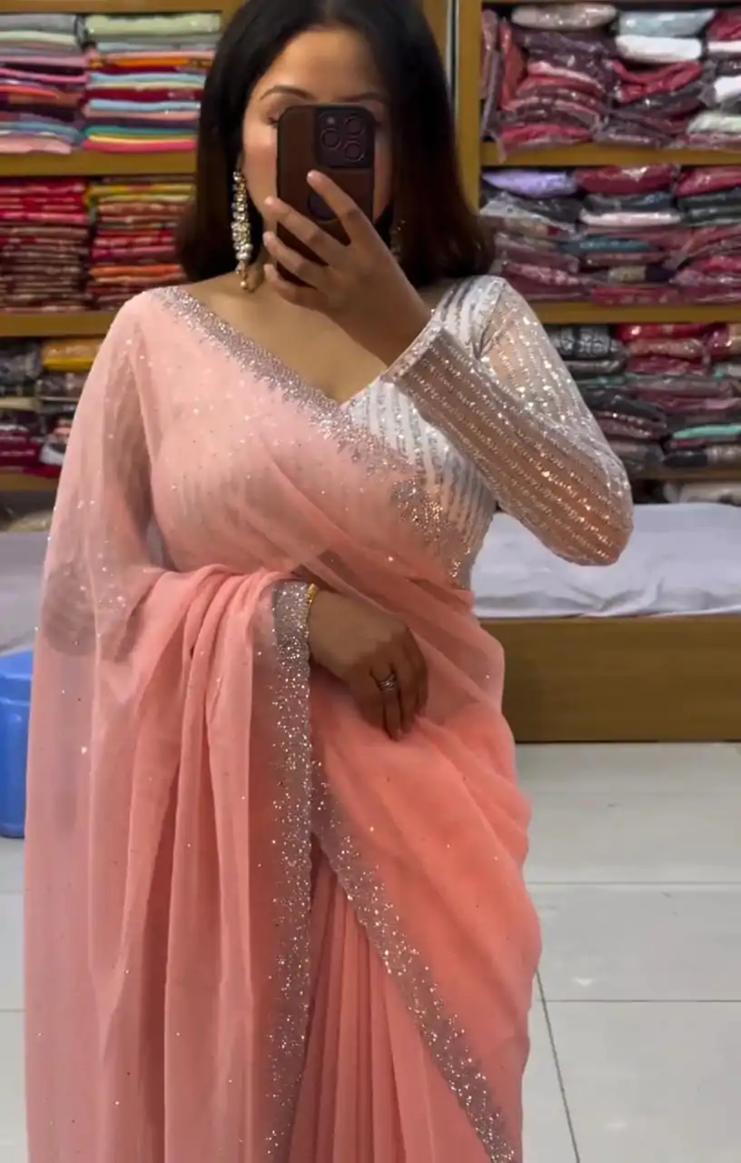 DDH MEERA DAIMAND Light Orange Color Georgette Shining Diamond Work All Over Saree Events Casual, Festive, Events ,Expected Delivery  4-6 Working Days @1599/ | Bollywood Sarees, Creative Sarees, Designer Sarees, Embroidered Sarees, Ethnic Saree, Modern Digital sarees, Party Wear Sarees, Sarees