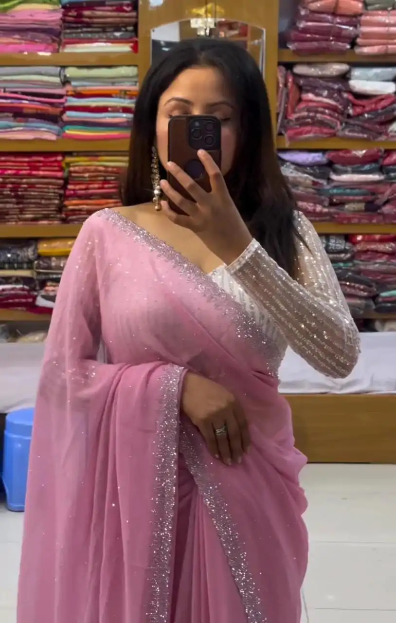 DDH MEERA DAIMAND Light Pink Color Georgette Shining Diamond Work All Over Saree Events Casual, Festive, Events . Expected Delivery  4-6 Working Days @1599 | Bollywood Sarees, Creative Sarees, Designer Sarees, Embroidered Sarees, Ethnic Saree, Modern Digital sarees, Party Wear Sarees, Sarees