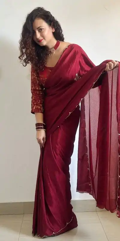   AC BEAUTY Marron Color Soft Chinnon Hand Work Flower Design Saree Casual, Wedding, Festive, Events Expected Delivery 4-6 Working Days @2449/- | Bollywood Sarees, Creative Sarees, Designer Sarees, Embroidered Sarees, Ethnic Saree, Modern Digital sarees, Party Wear Sarees, Sarees