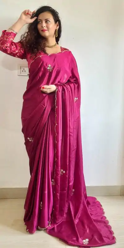   AC BEAUTY Pink Color Soft Chinnon Hand Work Flower Design Saree Casual, Wedding, Festive, Events Expected Delivery 4-6 Working Days @2449/- | Bollywood Sarees, Creative Sarees, Designer Sarees, Embroidered Sarees, Ethnic Saree, Modern Digital sarees, Party Wear Sarees, Sarees