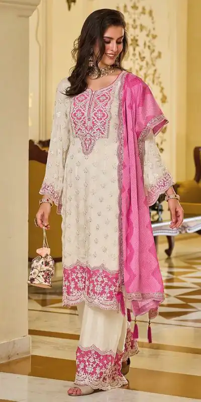KF 1637 White Georgette Chine Sequins Work Salwar Suit Wedding, Party, Festive, Events Etc. Expected Delivery 4-6 Working Days @2099/-Only | Casual Suits, Creative suits, Designer Suits, Palazzo Suits, Party Wear Suits, Salwar suit, Straight Suits