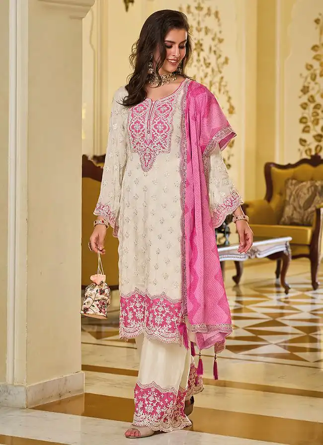 KF 1637 White Georgette Chine Sequins Work Salwar Suit Wedding, Party, Festive, Events Etc.  Expected Delivery 4-6 Working Days @2099/-Only | Casual Suits, Creative suits, Designer Suits, Palazzo Suits, Party Wear Suits, Salwar suit, Straight Suits