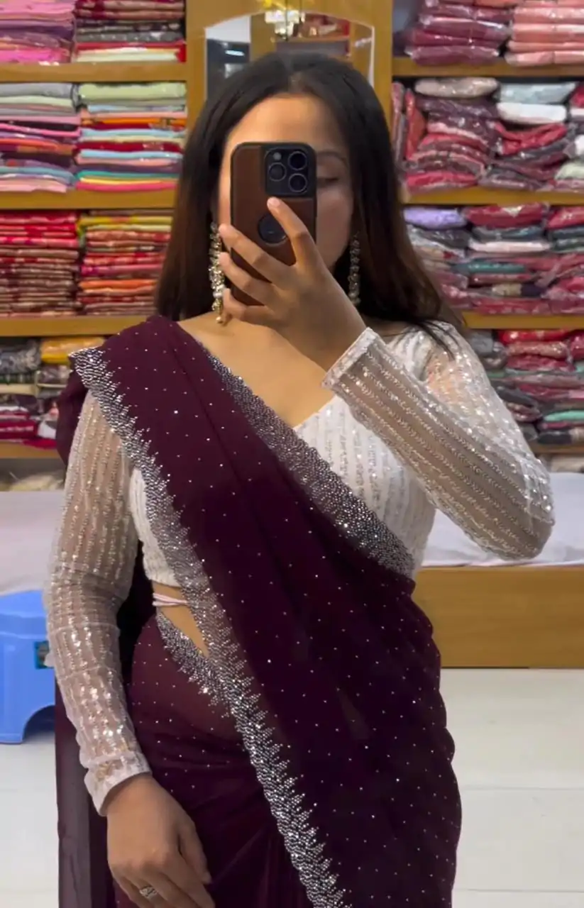 DDH MEERA DAIMAND Wine Color Georgette Shining Diamond Work All Over Saree Events Casual, Festive, Events Etc. Expected Delivery  4-6 Working Days @1599/- | Bollywood Sarees, Creative Sarees, Designer Sarees, Embroidered Sarees, Ethnic Saree, Modern Digital sarees, Party Wear Sarees, Sarees