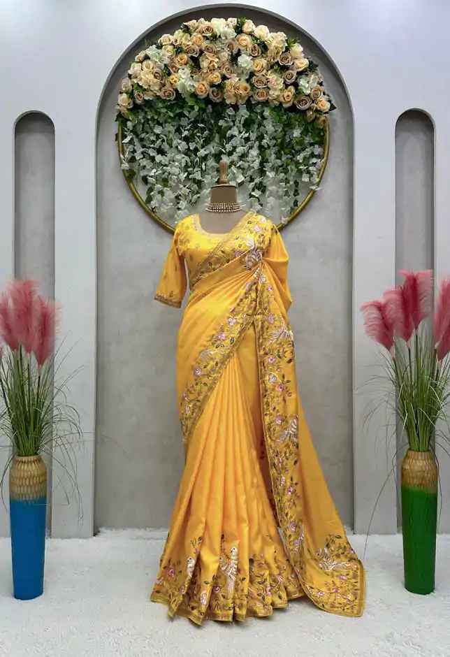 KD 476 Yellow Color Dola silk Thread Sequence Saree Casual, Party Wear, Wedding, Events Etc. Expected Delivery 4-6 Working Days @1999/- | Bollywood Sarees, Creative Sarees, Designer Sarees, Embroidered Sarees, Ethnic Saree, Modern Digital sarees, Party Wear Sarees, Sarees