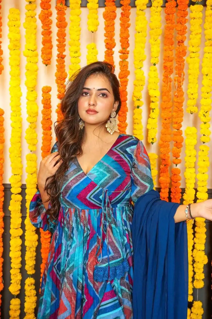 DC G33 Blue Color Chiffon Digital Prints Embroidery Gown Casual, Wedding, Party, Festive, Events Etc. Expected Delivery 4-6 Working Days @2099/- | Bollywood Gowns, Creative Gowns, Designer Gowns, Embroidered Gowns, Gowns, Party Wear Gowns