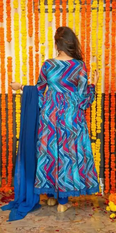 DC G33 Blue Color Chiffon Digital Prints Embroidery Gown Casual, Wedding, Party, Festive, Events Etc. Expected Delivery 4-6 Working Days @2099/- | Bollywood Gowns, Creative Gowns, Designer Gowns, Embroidered Gowns, Gowns, Party Wear Gowns
