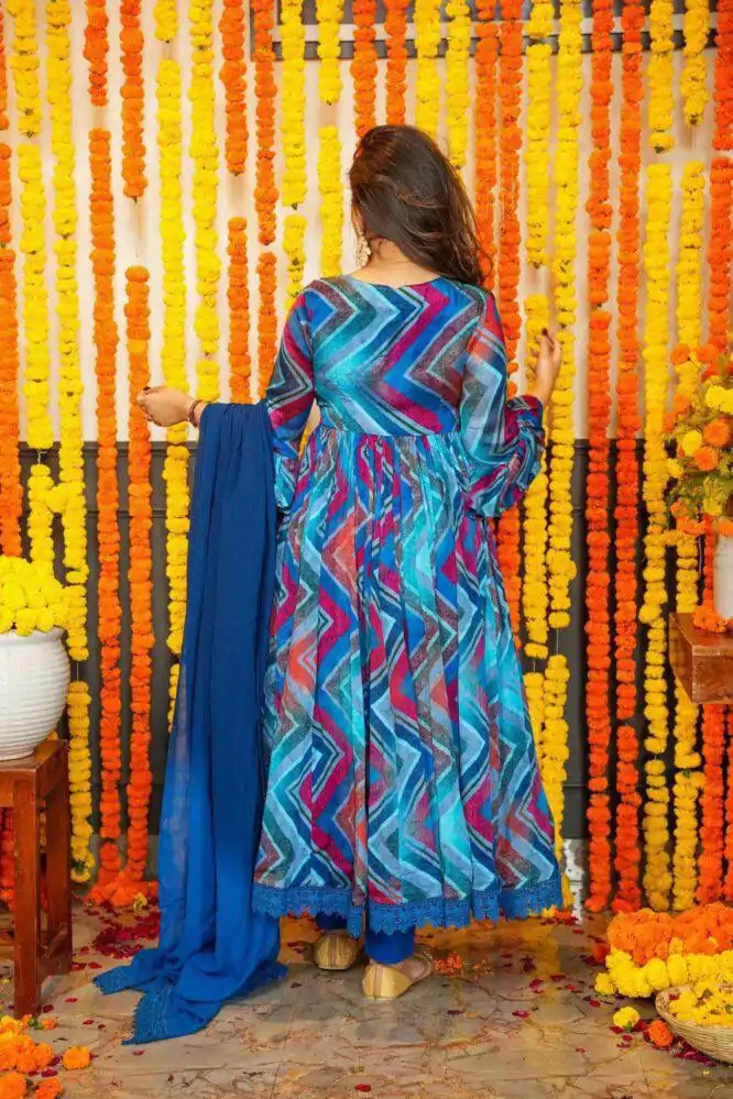 DC G33 Blue Color Chiffon Digital Prints Embroidery Gown Casual, Wedding, Party, Festive, Events Etc. Expected Delivery 4-6 Working Days @2099/- | Bollywood Gowns, Creative Gowns, Designer Gowns, Embroidered Gowns, Gowns, Party Wear Gowns
