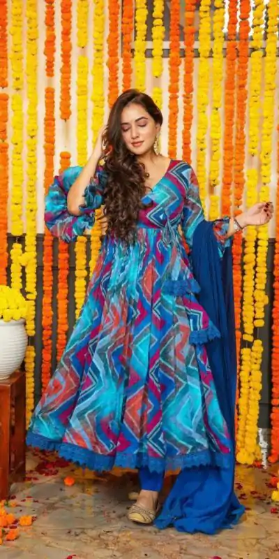 DC G33 Blue Color Chiffon Digital Prints Embroidery Gown Casual, Wedding, Party, Festive, Events Etc. Expected Delivery 4-6 Working Days @2099/- | Bollywood Gowns, Creative Gowns, Designer Gowns, Embroidered Gowns, Gowns, Party Wear Gowns