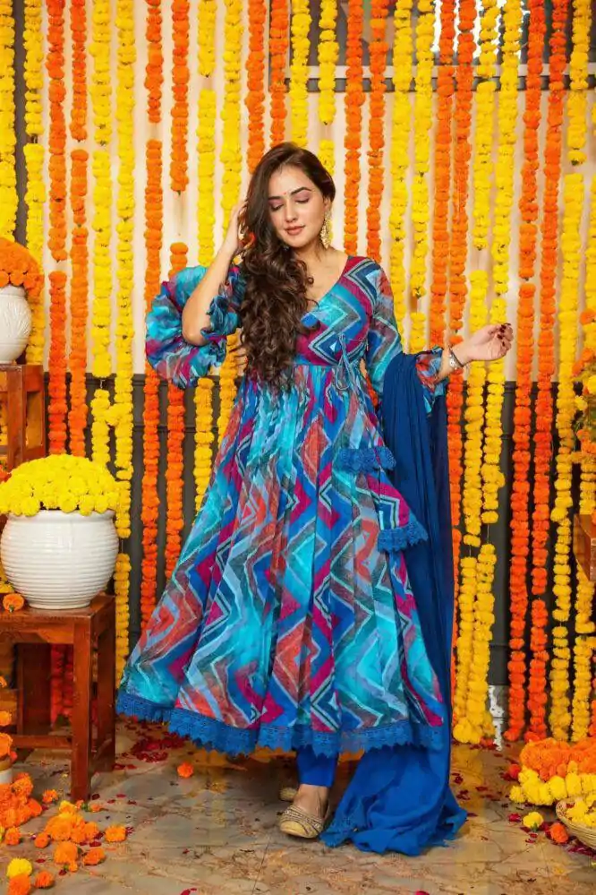 DC G33 Blue Color Chiffon Digital Prints Embroidery Gown Casual, Wedding, Party, Festive, Events Etc. Expected Delivery 4-6 Working Days @2099/- | Bollywood Gowns, Creative Gowns, Designer Gowns, Embroidered Gowns, Gowns, Party Wear Gowns