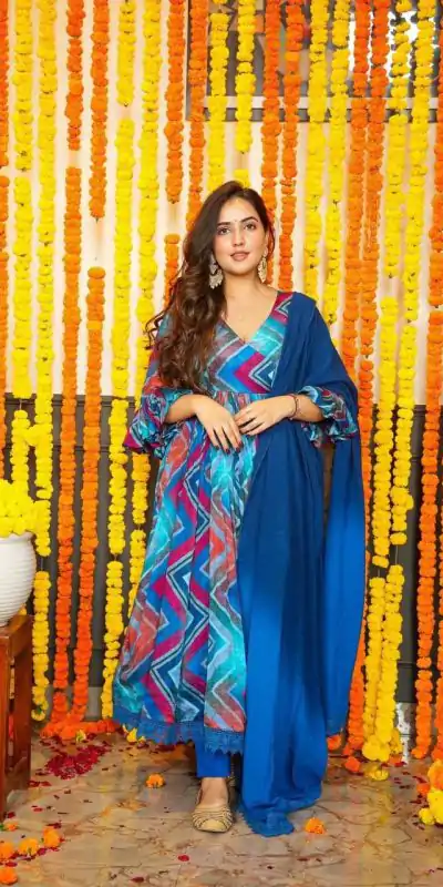 DC G33 Blue Color Chiffon Digital Prints Embroidery Gown Casual, Wedding, Party, Festive, Events Etc. Expected Delivery 4-6 Working Days @2099/- | Bollywood Gowns, Creative Gowns, Designer Gowns, Embroidered Gowns, Gowns, Party Wear Gowns