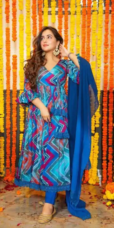 DC G33 Blue Color Chiffon Digital Prints Embroidery Gown Casual, Wedding, Party, Festive, Events Etc. Expected Delivery 4-6 Working Days @2099/- | Bollywood Gowns, Creative Gowns, Designer Gowns, Embroidered Gowns, Gowns, Party Wear Gowns