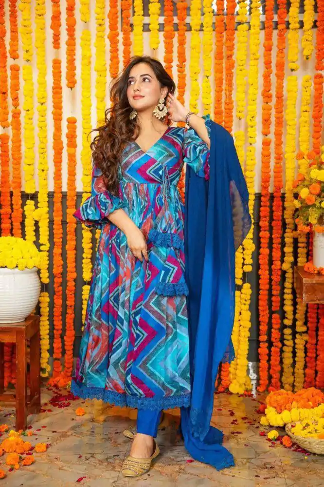 DC G33 Blue Color Chiffon Digital Prints Embroidery Gown Casual, Wedding, Party, Festive, Events Etc. Expected Delivery 4-6 Working Days @2099/- | Bollywood Gowns, Creative Gowns, Designer Gowns, Embroidered Gowns, Gowns, Party Wear Gowns