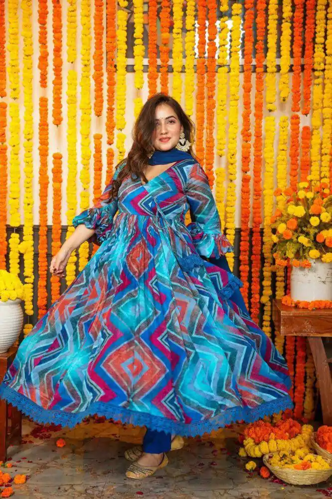 DC G33 Blue Color Chiffon Digital Prints Embroidery Gown Casual, Wedding, Party, Festive, Events Etc. Expected Delivery 4-6 Working Days @2099/- | Bollywood Gowns, Creative Gowns, Designer Gowns, Embroidered Gowns, Gowns, Party Wear Gowns