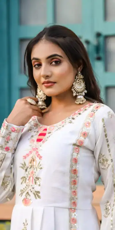 SRK 5163 White Color Chinnon Silk Embroidery Salwar Suit Wedding, Party, Festive, Events Expected Delivery 4-6 Working Days @ 2299/- | Casual Suits, Creative suits, Designer Suits, Palazzo Suits, Party Wear Suits, Patiala Suits, Salwar suit, Straight Suits