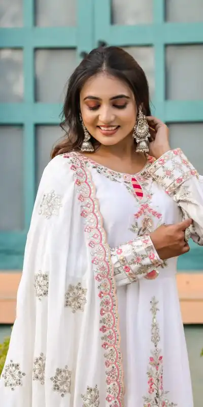 SRK 5163 White Color Chinnon Silk Embroidery Salwar Suit Wedding, Party, Festive, Events Expected Delivery 4-6 Working Days @ 2299/- | Casual Suits, Creative suits, Designer Suits, Palazzo Suits, Party Wear Suits, Patiala Suits, Salwar suit, Straight Suits