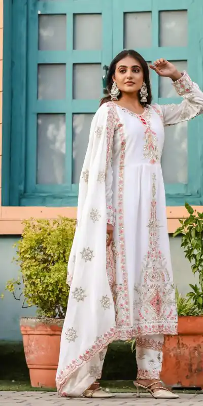 SRK 5163 White Color Chinnon Silk Embroidery Salwar Suit Wedding, Party, Festive, Events Expected Delivery 4-6 Working Days @ 2299/- | Casual Suits, Creative suits, Designer Suits, Palazzo Suits, Party Wear Suits, Patiala Suits, Salwar suit, Straight Suits