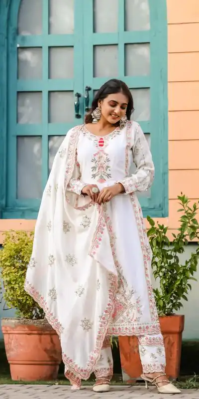 SRK 5163 White Color Chinnon Silk Embroidery Salwar Suit Wedding, Party, Festive, Events Expected Delivery 4-6 Working Days @ 2299/- | Casual Suits, Creative suits, Designer Suits, Palazzo Suits, Party Wear Suits, Patiala Suits, Salwar suit, Straight Suits