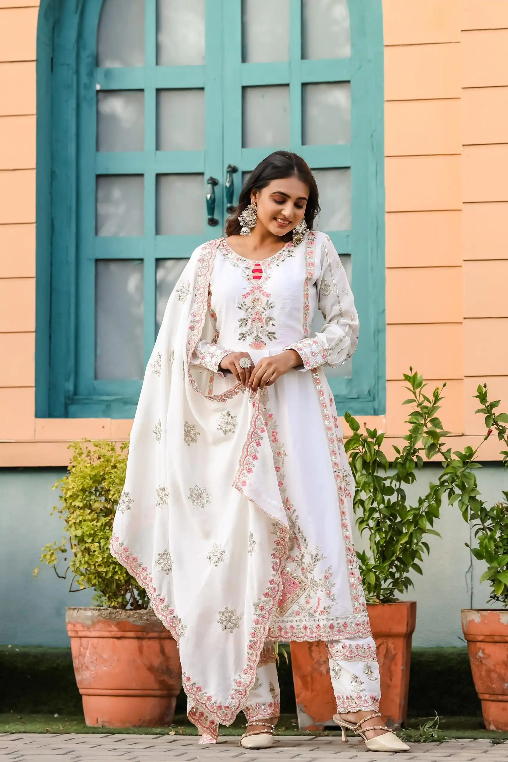 SRK 5163 White Color Chinnon Silk Embroidery Salwar Suit Wedding, Party, Festive, Events Expected Delivery 4-6 Working Days @ 2299/- | Casual Suits, Creative suits, Designer Suits, Palazzo Suits, Party Wear Suits, Patiala Suits, Salwar suit, Straight Suits