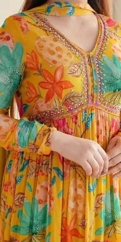 MC 1018 Yellow Color Chiffon V-Neck Gathered Midi Gown Casual, Party Wear, Wedding, Events, Festivals Wear Expected Delivery 4-6 Working Days @1899/- | Bollywood Gowns, Creative Gowns, Designer Gowns, Embroidered Gowns, Gowns, Party Wear Gowns