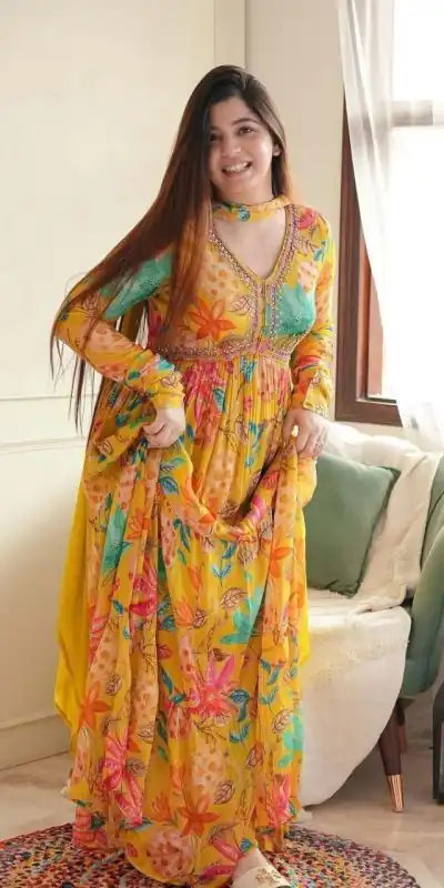 MC 1018 Yellow Color Chiffon V-Neck Gathered Midi Gown Casual, Party Wear, Wedding, Events, Festivals Wear Expected Delivery 4-6 Working Days @1899/- | Bollywood Gowns, Creative Gowns, Designer Gowns, Embroidered Gowns, Gowns, Party Wear Gowns