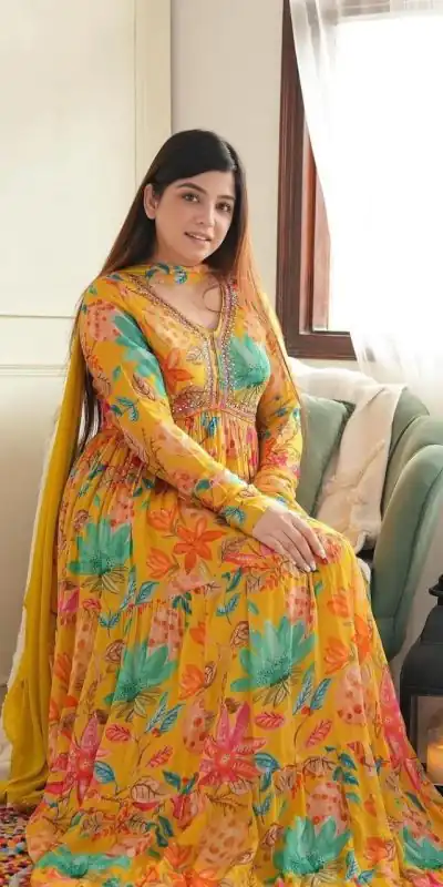 MC 1018 Yellow Color Chiffon V-Neck Gathered Midi Gown Casual, Party Wear, Wedding, Events, Festivals Wear Expected Delivery 4-6 Working Days @1899/- | Bollywood Gowns, Creative Gowns, Designer Gowns, Embroidered Gowns, Gowns, Party Wear Gowns