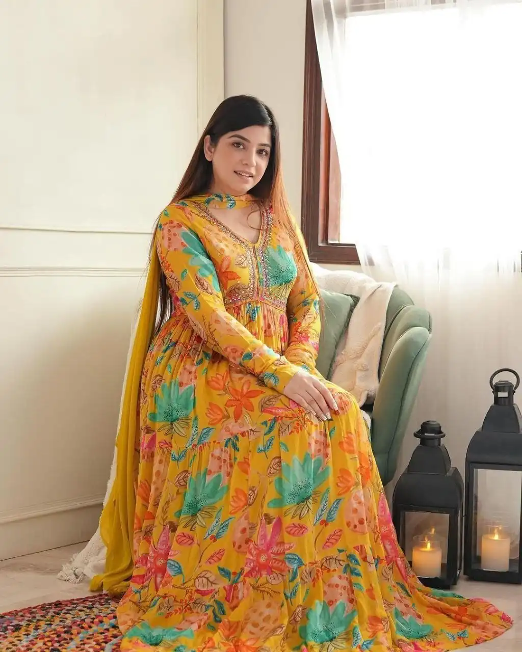 MC 1018 Yellow Color Chiffon V-Neck Gathered Midi Gown Casual, Party Wear, Wedding, Events, Festivals Wear Expected Delivery 4-6 Working Days @1899/- | Bollywood Gowns, Creative Gowns, Designer Gowns, Embroidered Gowns, Gowns, Party Wear Gowns