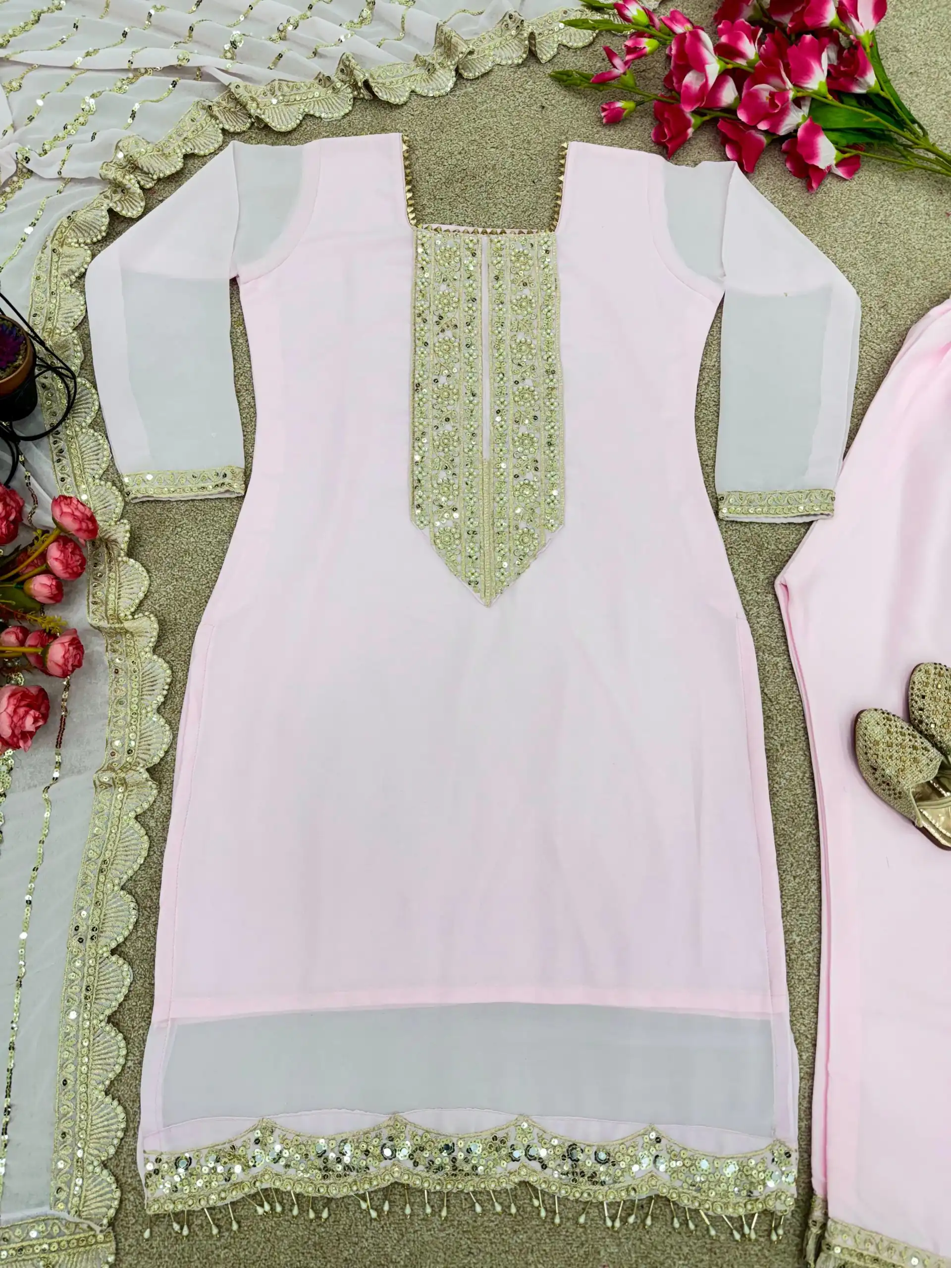 ZF 1604 Baby Pink Color Georgette Embroidery Diamond Handwork Salwar Suit Casual, Wedding, Party, Events Etc. Expected Delivery 4-6 Working Days 1949/- | Jump Suits, Casual Suits, Creative suits, Designer Suits, Palazzo Suits, Party Wear Suits, Patiala Suits, Salwar suit, Straight Suits