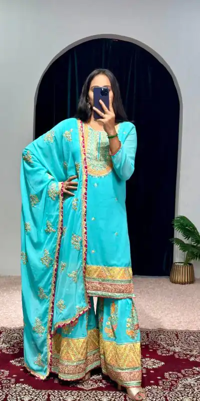 ST 1050 Blue Color Georgette Embroidery Stone & Mirror Salwar Suit Casual, Wedding, Party, Festive, Events Etc. Expected Delivery 4-6 Working Days @2199/- | Jump Suits, Casual Suits, Creative suits, Designer Suits, Palazzo Suits, Party Wear Suits, Patiala Suits, Salwar suit, Straight Suits