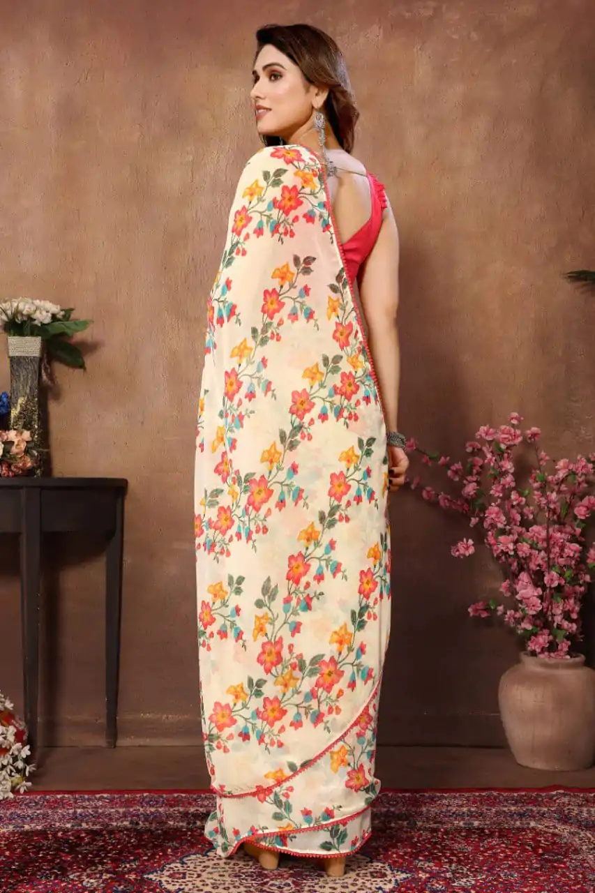  SC 276 Cream Color Pure Soft Georgette Silk Design All Over Saree , Party Wear, Events, Festivals Expected Delivery 4-6 Working Days 1599/- | Bollywood Sarees, Creative Sarees, Designer Sarees, Embroidered Sarees, Ethnic Saree, Modern Digital sarees, Party Wear Sarees, Sarees