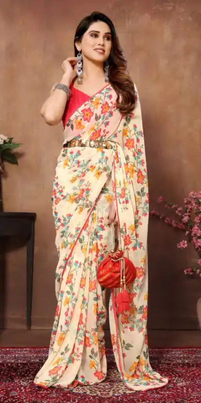 SC 276 Cream Color Pure Soft Georgette Silk Design All Over Saree , Party Wear, Events, Festivals Expected Delivery 4-6 Working Days 1599/- | Bollywood Sarees, Creative Sarees, Designer Sarees, Embroidered Sarees, Ethnic Saree, Modern Digital sarees, Party Wear Sarees, Sarees